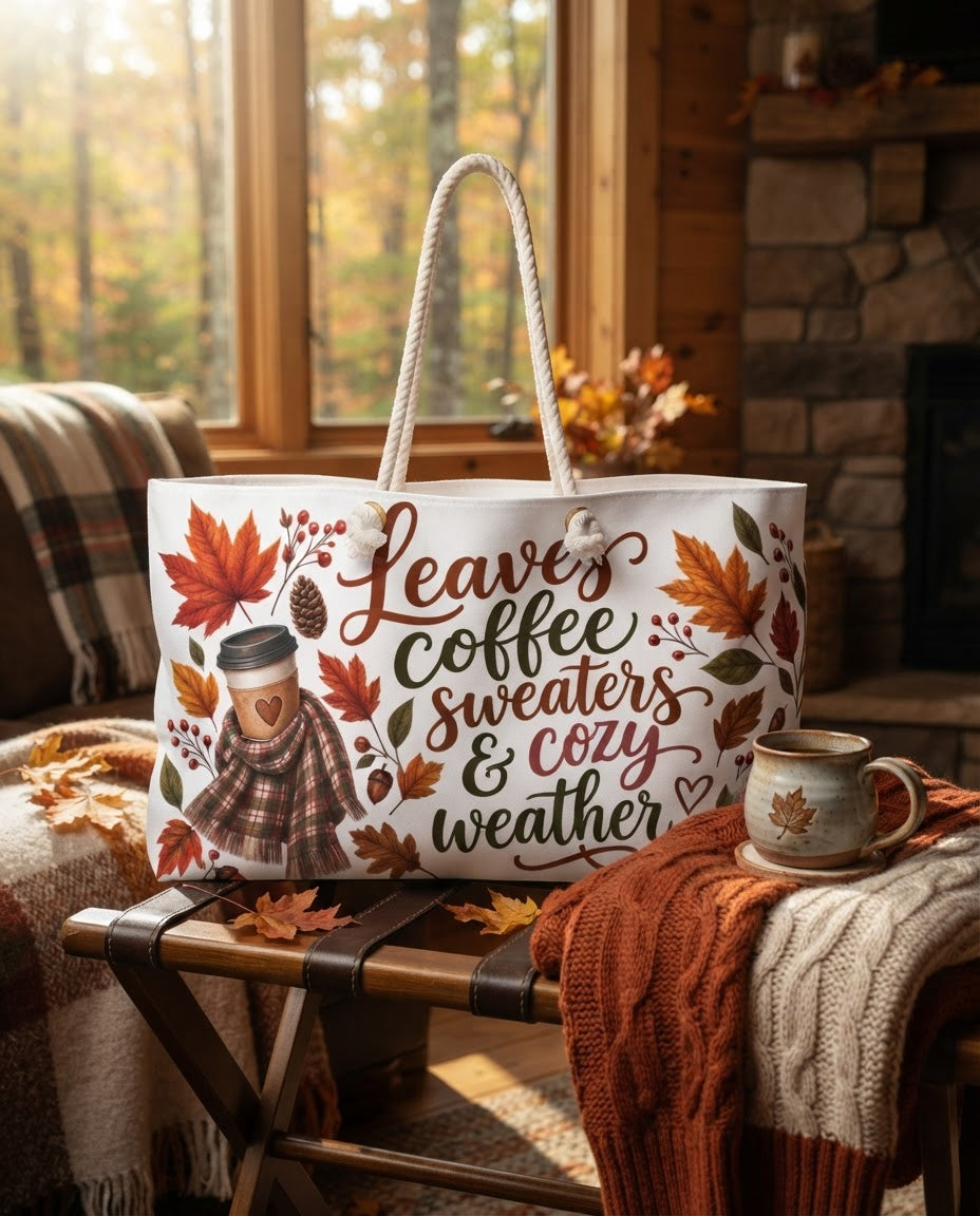 Cozy fall weekender bag lifestyle image.