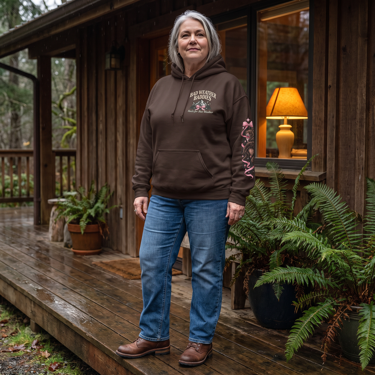 Cozy rainy day Pacific Northwest hoodie lifestyle image.