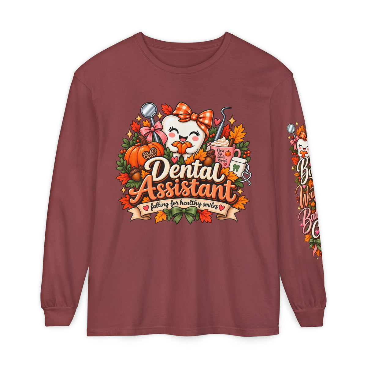 Dental Assistant Halloween Floral Long Sleeve T Shirt With Smiling Tooth Design