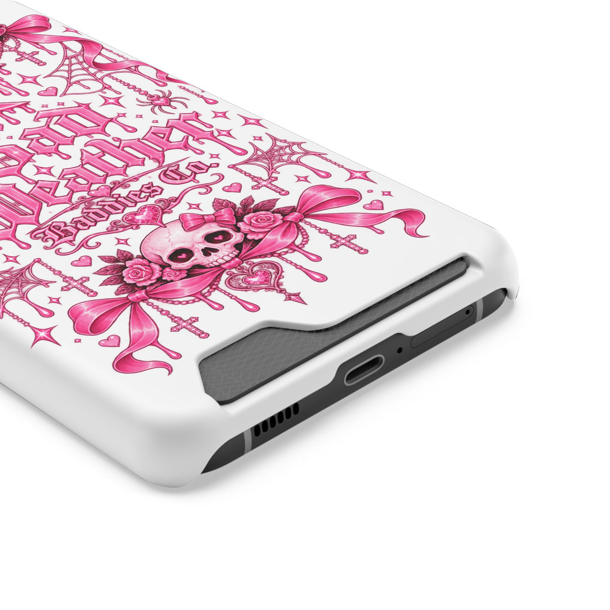 Pink Gothic Coquette Phone Case With Built In Card Holder For Cards