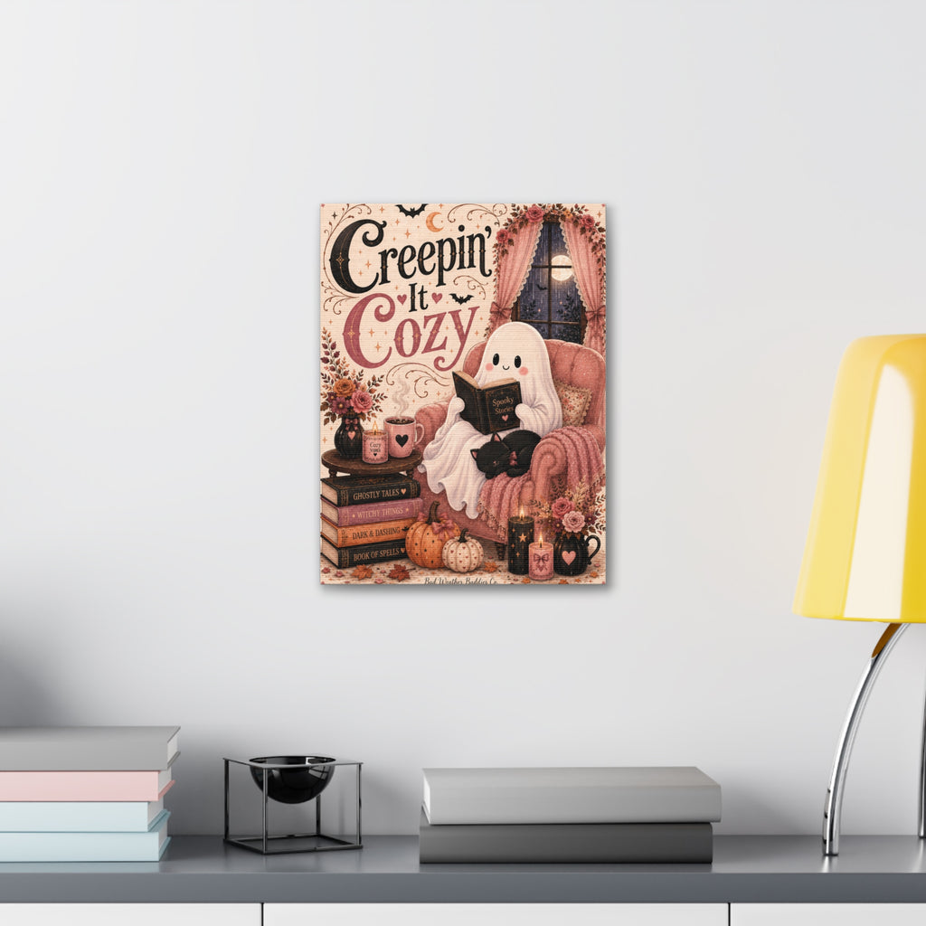 Creepin’ It Cozy Halloween Canvas | Cute Ghost Reading Nook Wall Art Canvas Stretched, 1.5''