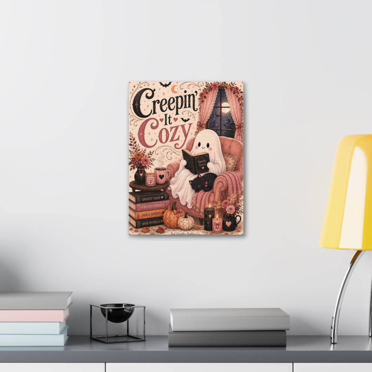 Creepin’ It Cozy Halloween Canvas | Cute Ghost Reading Nook Wall Art Canvas Stretched, 1.5''