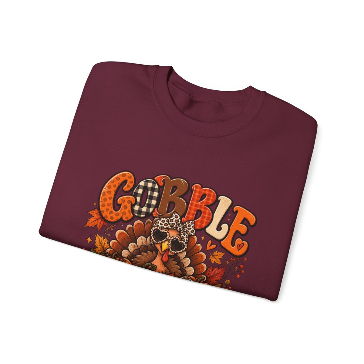 Gobble Till You Wobble Thanksgiving Turkey Crewneck Sweatshirt With Fall Leaves