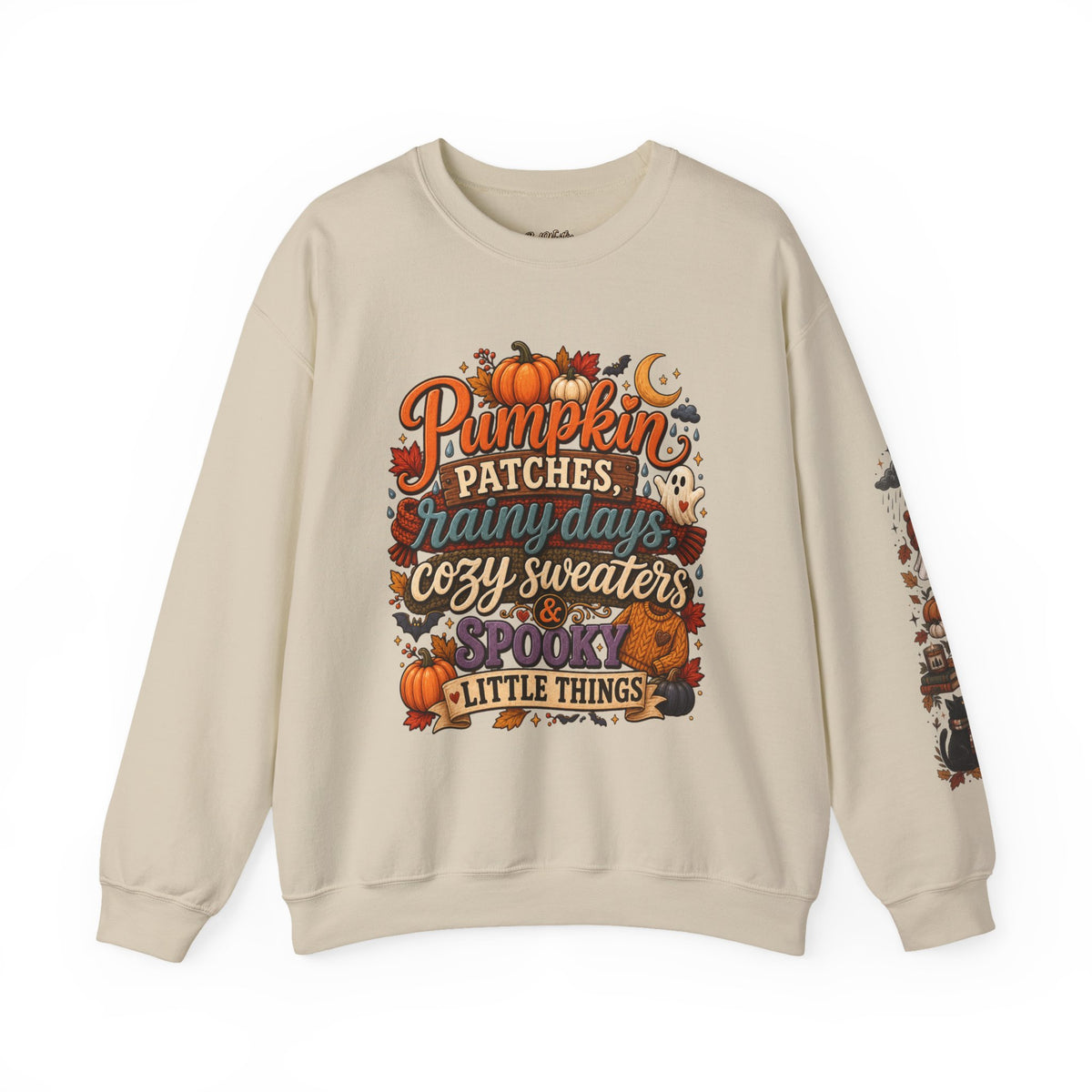 Pumpkin Patches Rainy Days Cozy Sweaters Shirt | Spooky Little Things Fall Tee | Autumn Sleeve Design Sweatshirt | Cute Ghost Fall Shirt