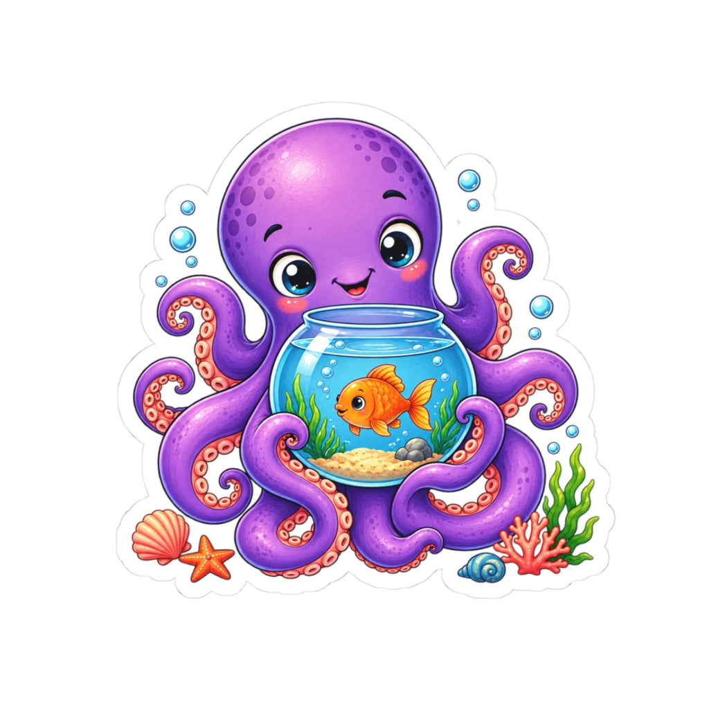 Cute Octopus Sticker | Octopus Holding Fish Bowl Sticker | Whimsical Ocean Animal Decal | Aquarium Lover Gift Kiss-Cut Stickers