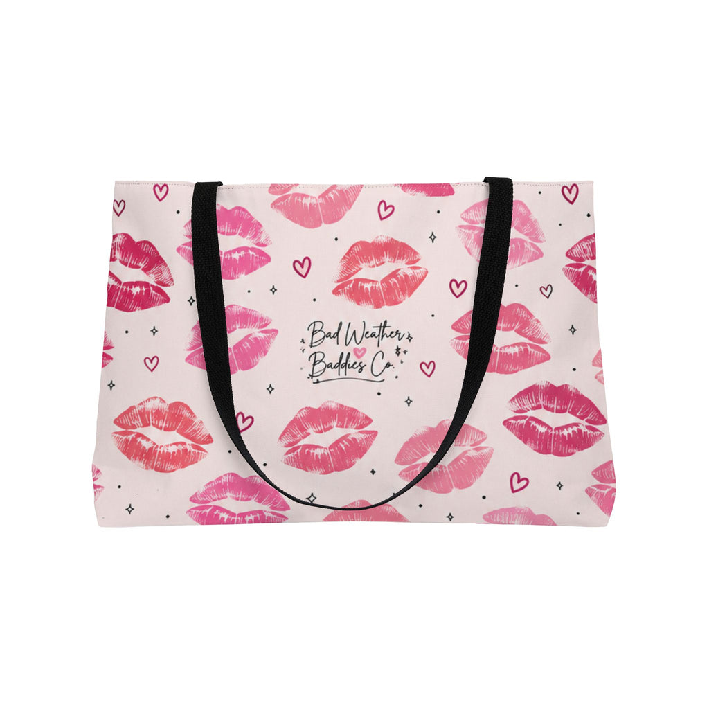 Pink Kiss Print Weekender Tote Bag | Cute Travel Bag | Girly Overnight Weekend Getaway Tote Bag Bad Weather Baddies Co. Weekender Tote Bag