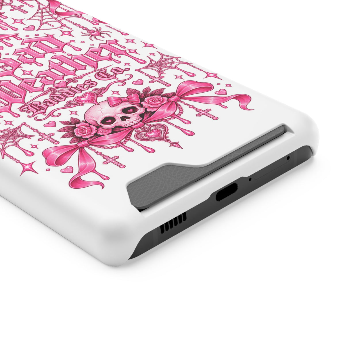 Pink Gothic Coquette Phone Case With Built In Card Holder For Cards