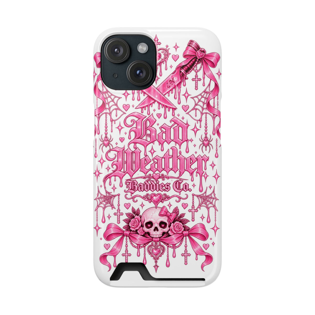 Pink Gothic Coquette Phone Case With Built In Card Holder For Cards