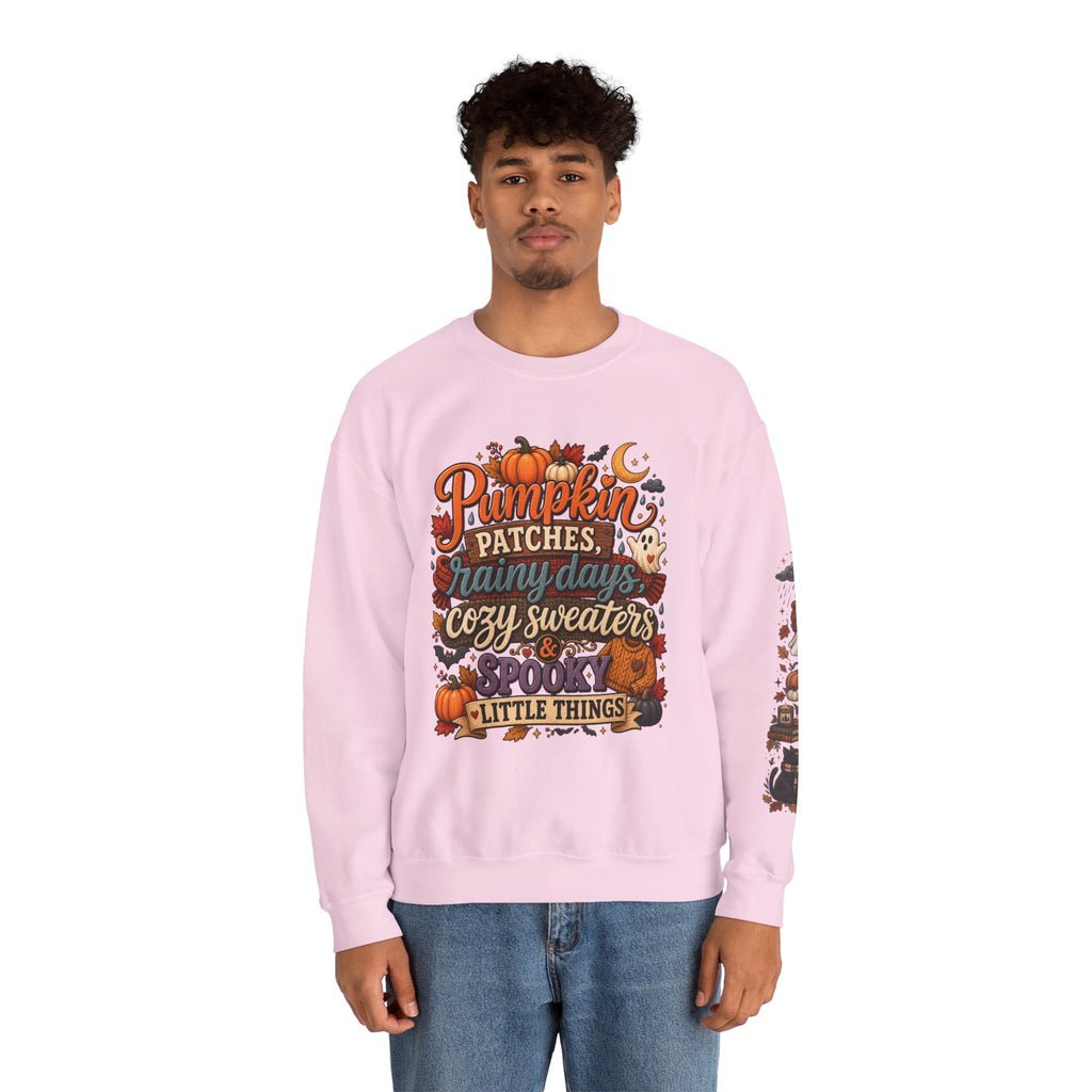 Pumpkin Patches Rainy Days Cozy Sweaters Shirt | Spooky Little Things Fall Tee | Autumn Sleeve Design Sweatshirt | Cute Ghost Fall Shirt