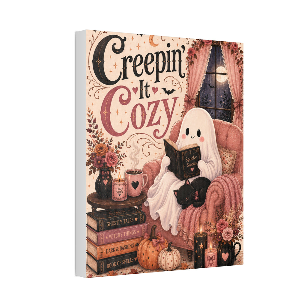 Creepin’ It Cozy Halloween Canvas | Cute Ghost Reading Nook Wall Art Canvas Stretched, 1.5''