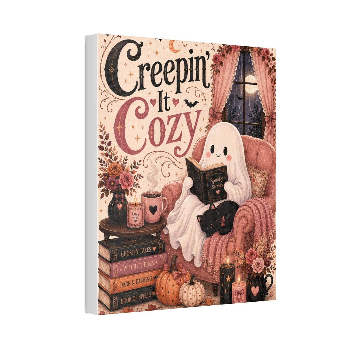 Creepin’ It Cozy Halloween Canvas | Cute Ghost Reading Nook Wall Art Canvas Stretched, 1.5''