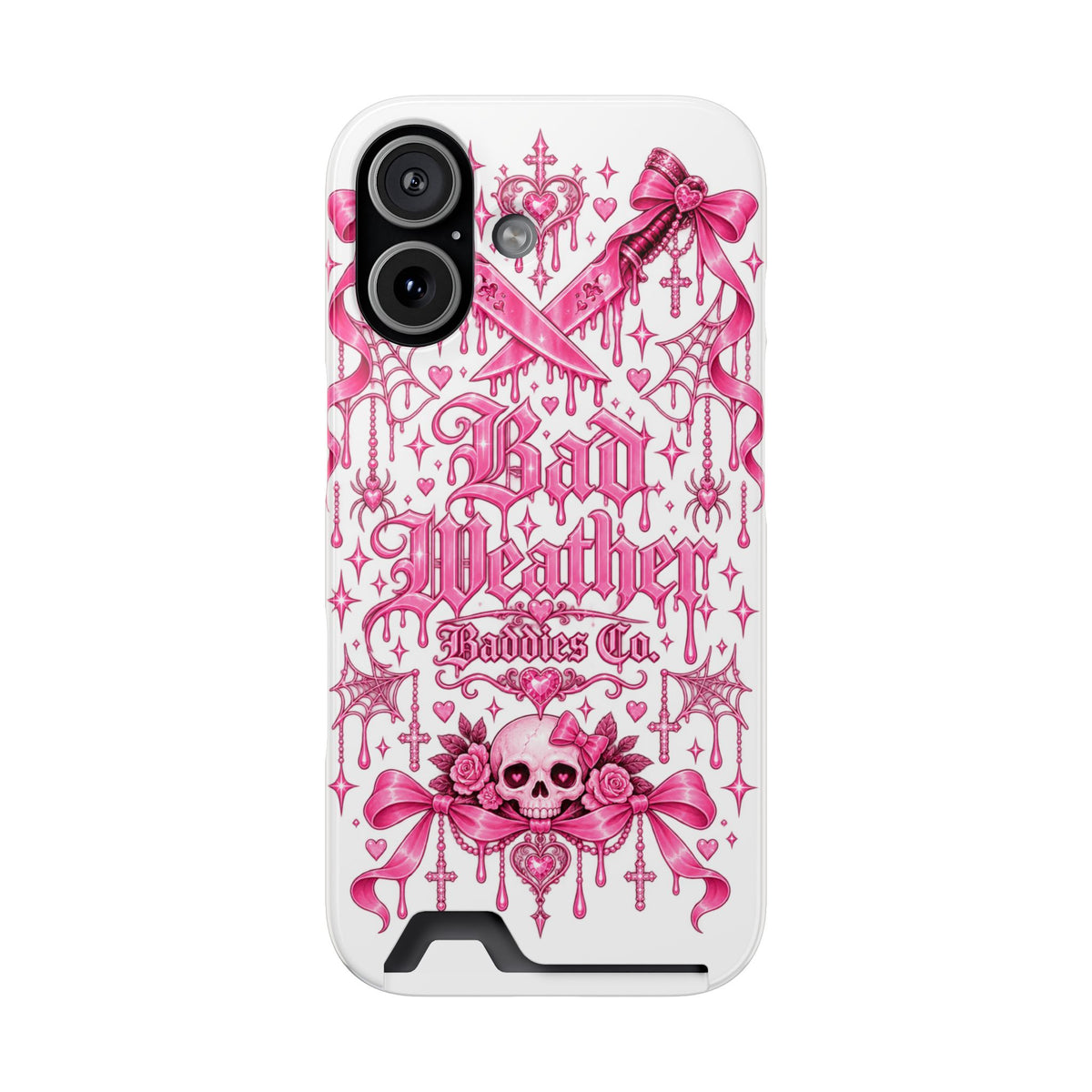 Pink Gothic Coquette Phone Case With Built In Card Holder For Cards