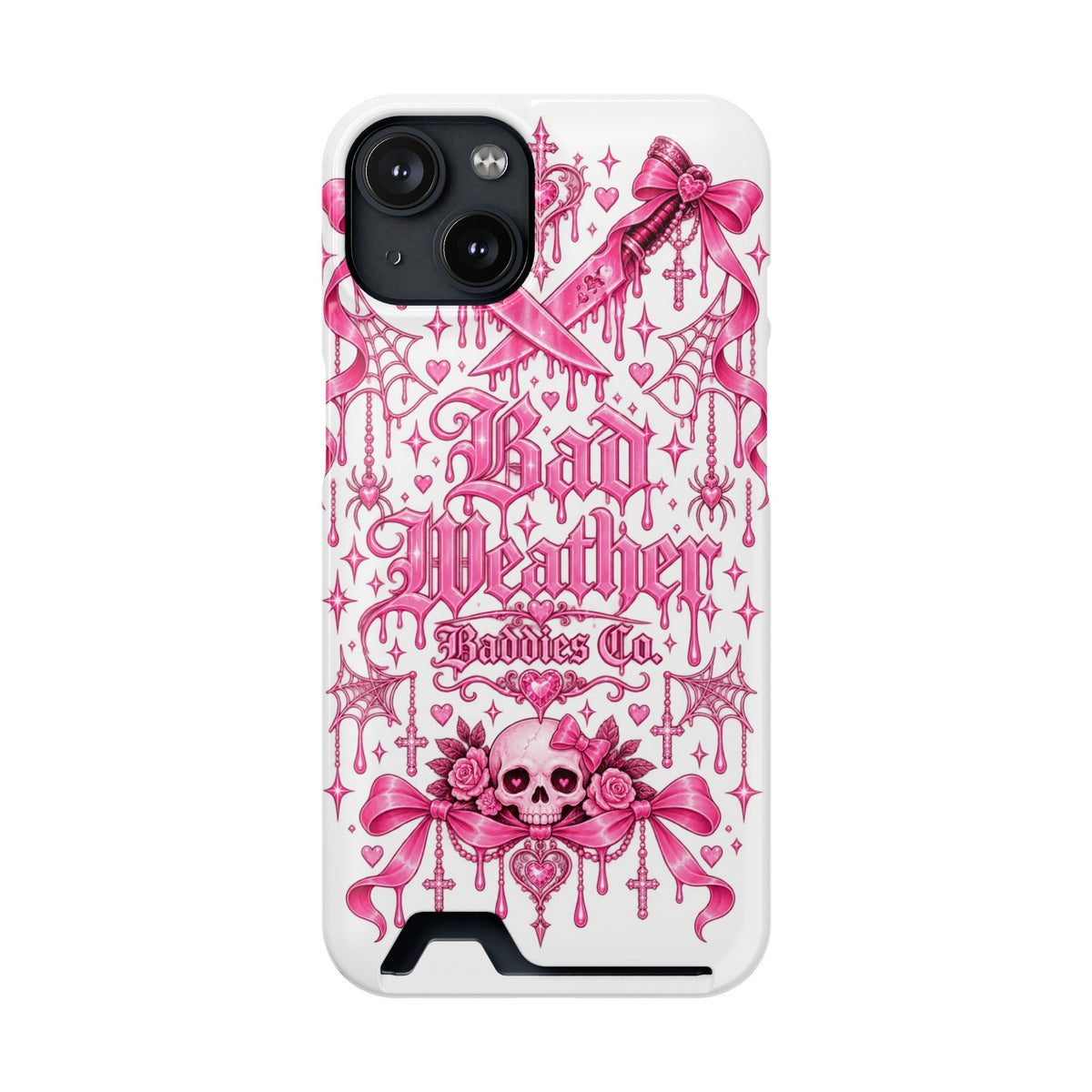 Pink Gothic Coquette Phone Case With Built In Card Holder For Cards