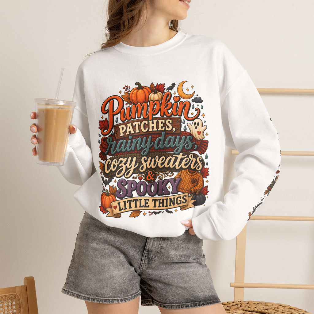 Pumpkin Patches Rainy Days Cozy Sweaters Shirt | Spooky Little Things Fall Tee | Autumn Sleeve Design Sweatshirt | Cute Ghost Fall Shirt