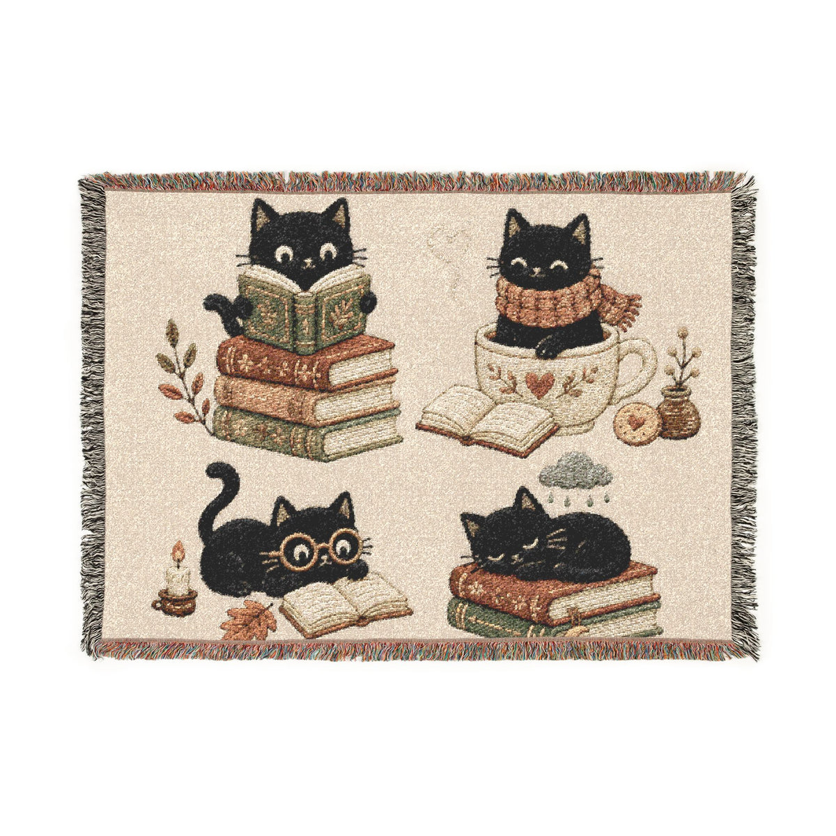 Cozy Black Cat Reading Woven Blanket