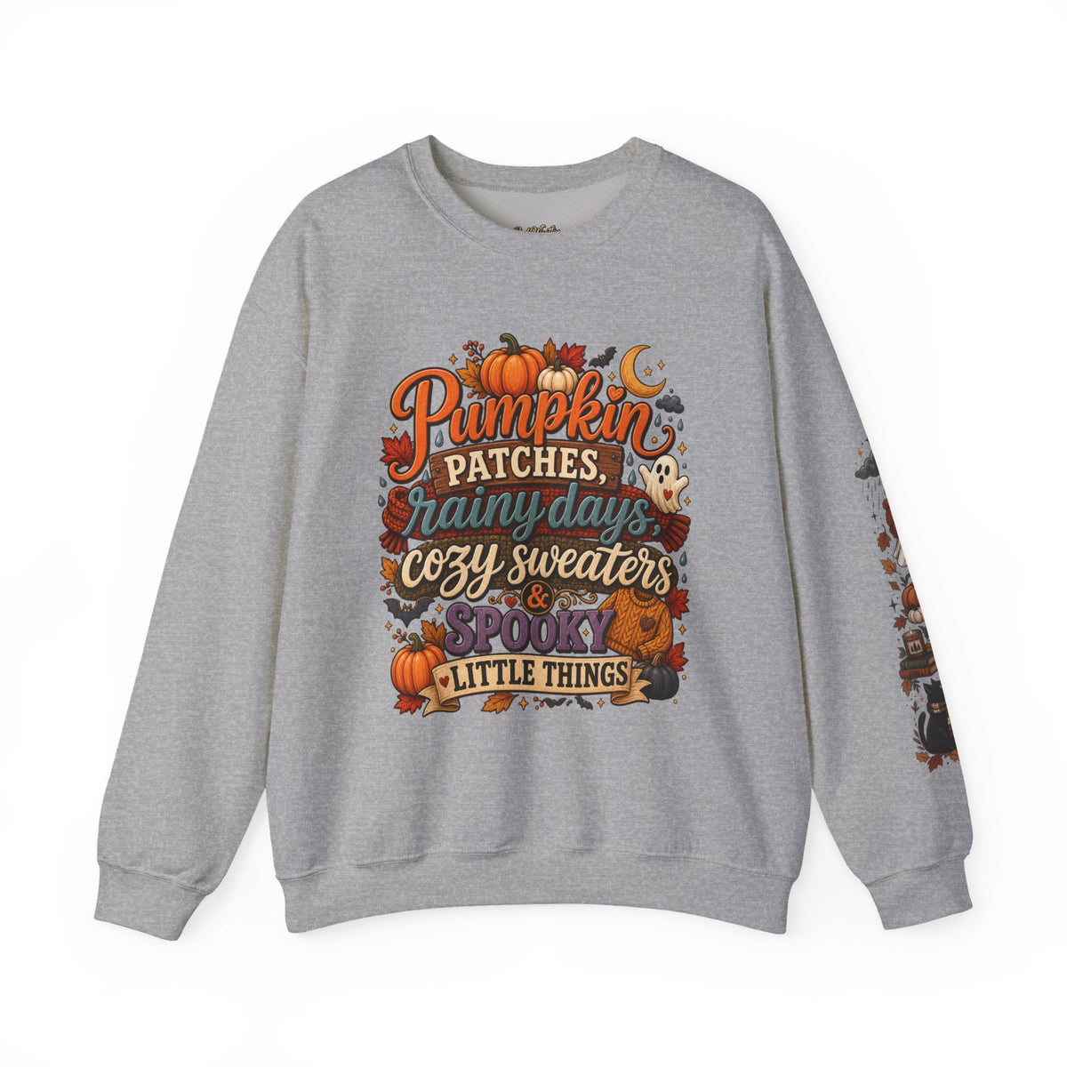 Pumpkin Patches Rainy Days Cozy Sweaters Shirt | Spooky Little Things Fall Tee | Autumn Sleeve Design Sweatshirt | Cute Ghost Fall Shirt