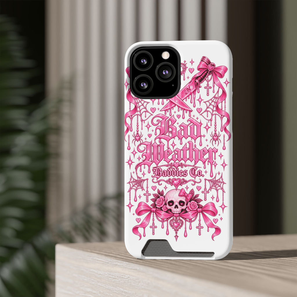 Pink Gothic Coquette Phone Case With Built In Card Holder For Cards