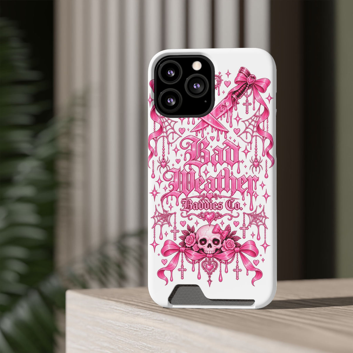Pink Gothic Coquette Phone Case With Built In Card Holder For Cards