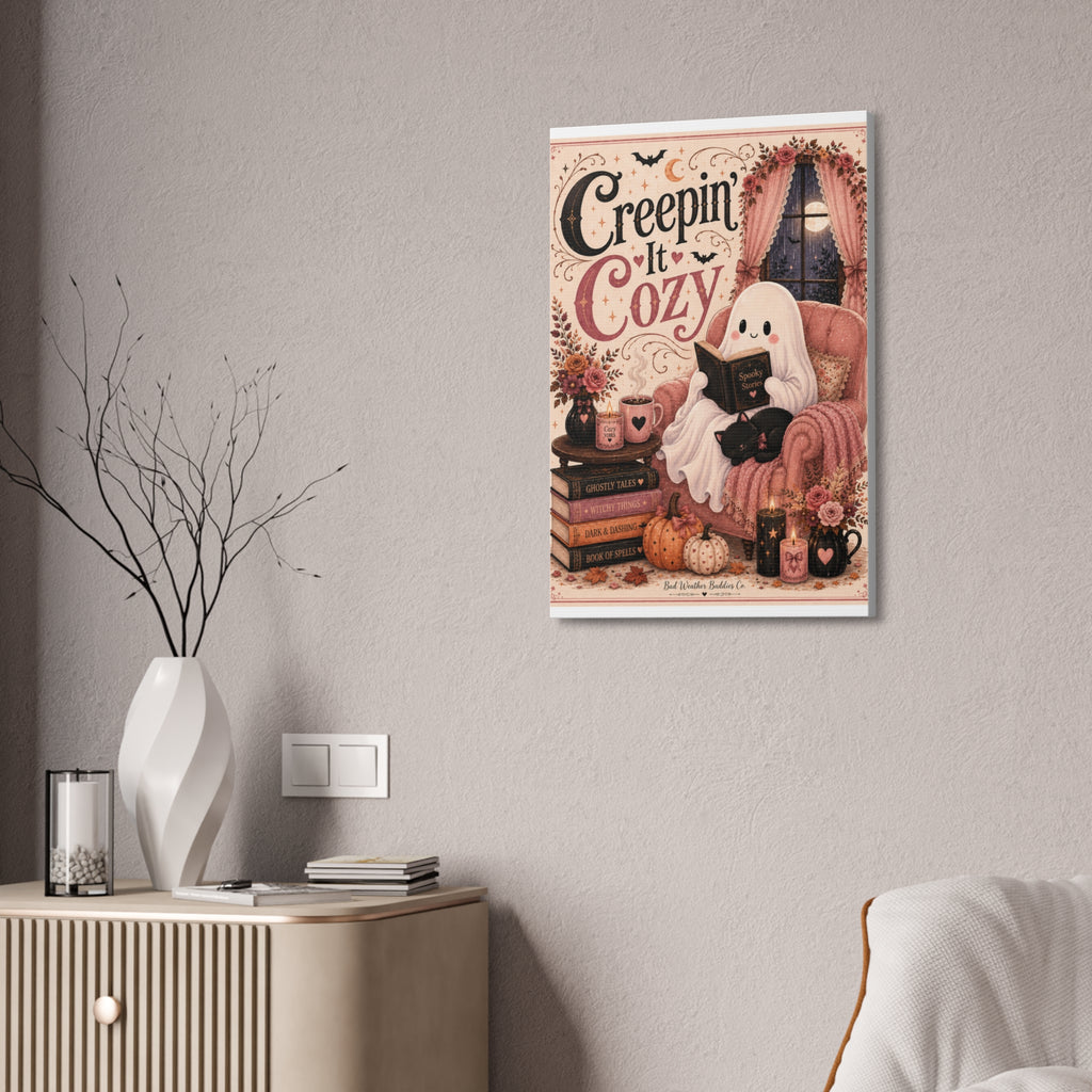 Creepin’ It Cozy Halloween Canvas | Cute Ghost Reading Nook Wall Art Canvas Stretched, 1.5''