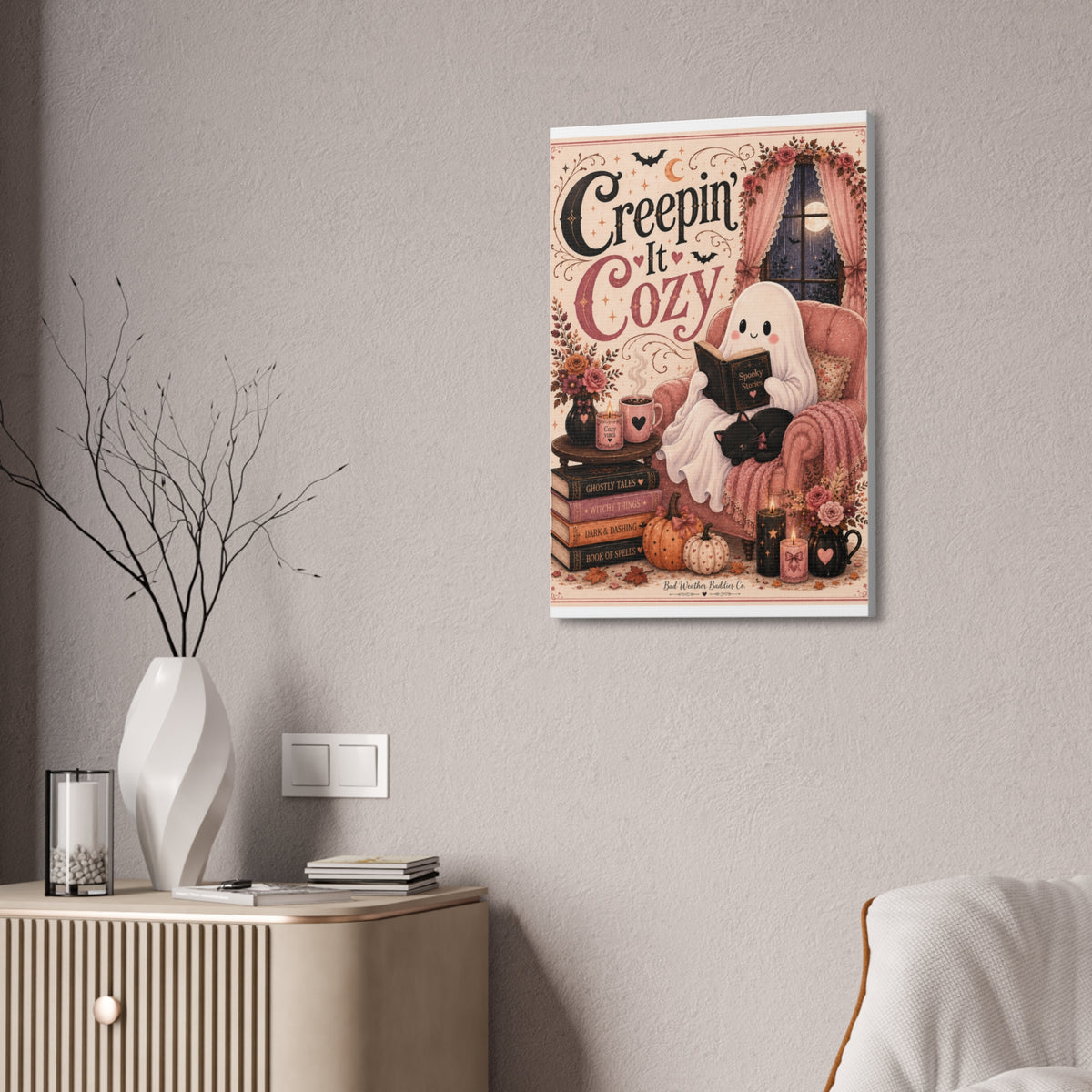 Creepin’ It Cozy Halloween Canvas | Cute Ghost Reading Nook Wall Art Canvas Stretched, 1.5''