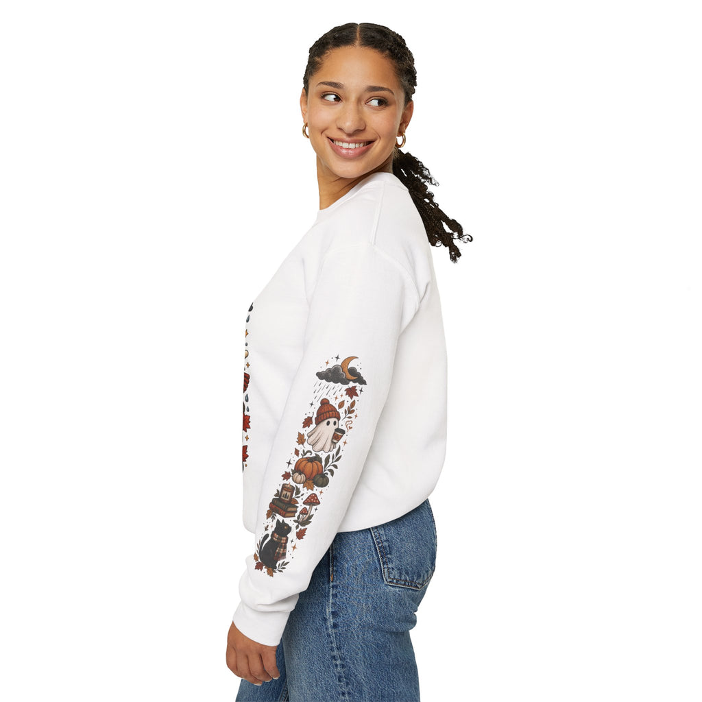 Pumpkin Patches Rainy Days Cozy Sweaters Shirt | Spooky Little Things Fall Tee | Autumn Sleeve Design Sweatshirt | Cute Ghost Fall Shirt