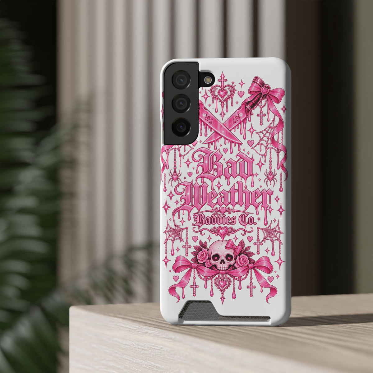 Pink Gothic Coquette Phone Case With Built In Card Holder For Cards