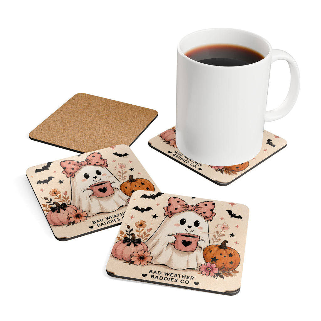 Cute Ghost Coaster Set | Halloween Drink Coasters, Set of 4, Pink Pumpkin Spooky Cute Decor
