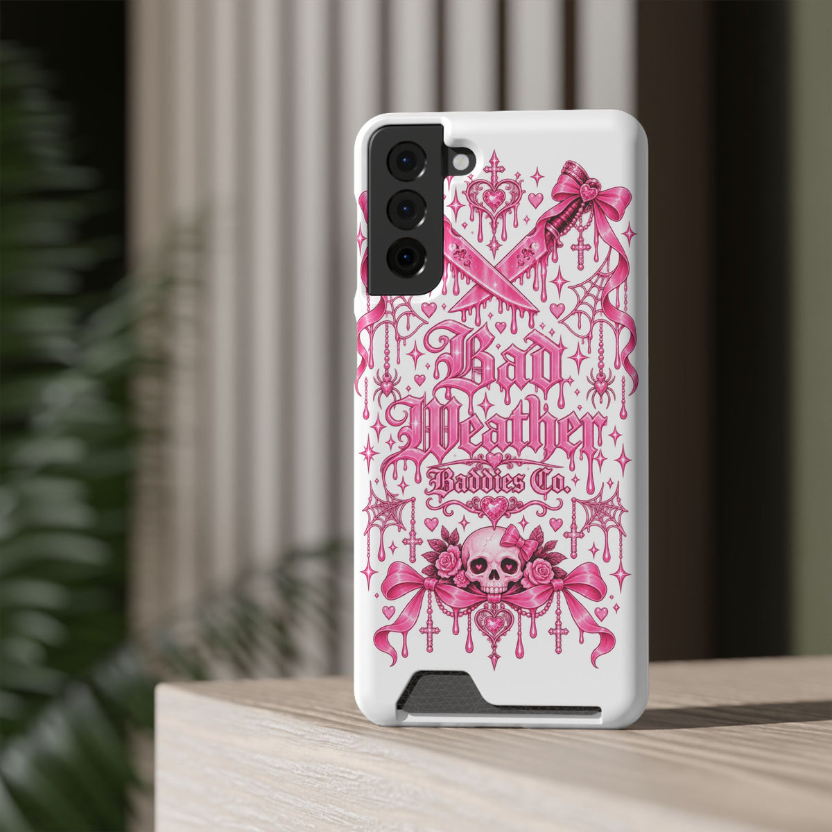 Pink Gothic Coquette Phone Case With Built In Card Holder For Cards