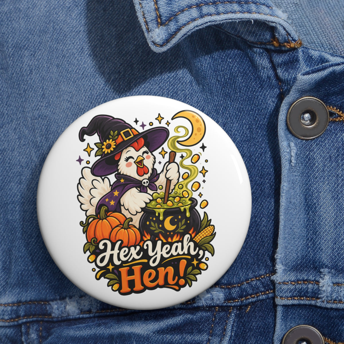Funny Witch Chicken Halloween Pin Button 3 Inch Glossy Spooky Gift