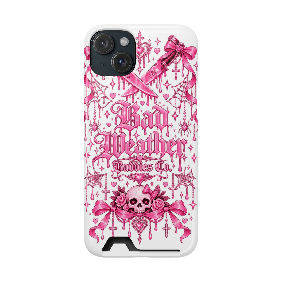 Pink Gothic Coquette Phone Case With Built In Card Holder For Cards