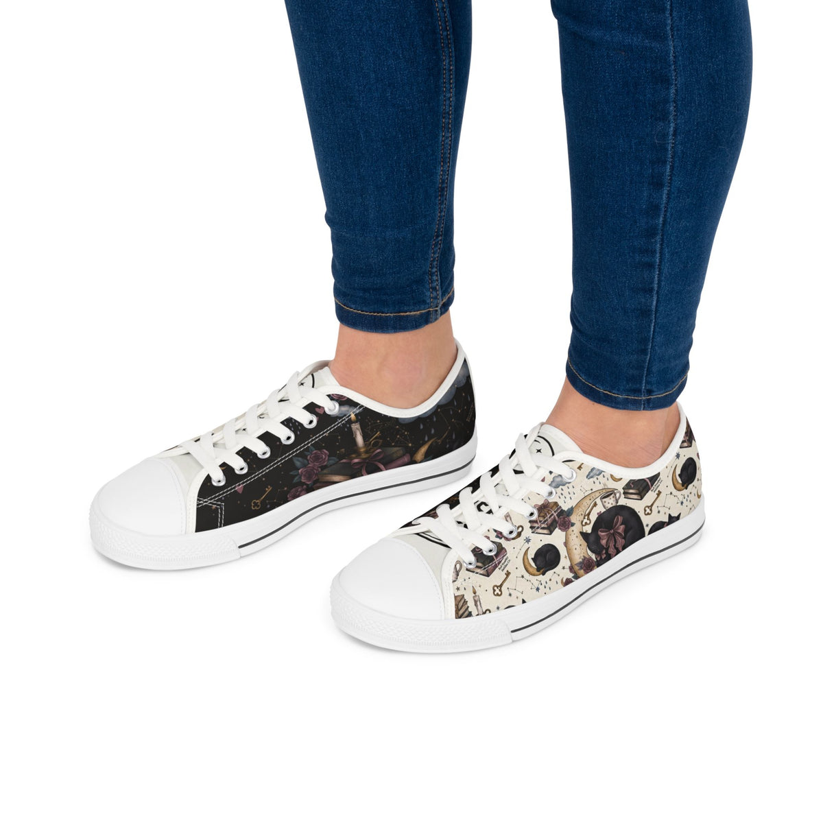 Witchy Sneakers, Celestial Black Cat Shoes, Gothic Low Top Sneakers, Moon and Stars Shoes, Witchy Gift for Her