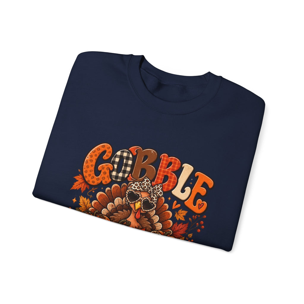 Gobble Till You Wobble Thanksgiving Turkey Crewneck Sweatshirt With Fall Leaves