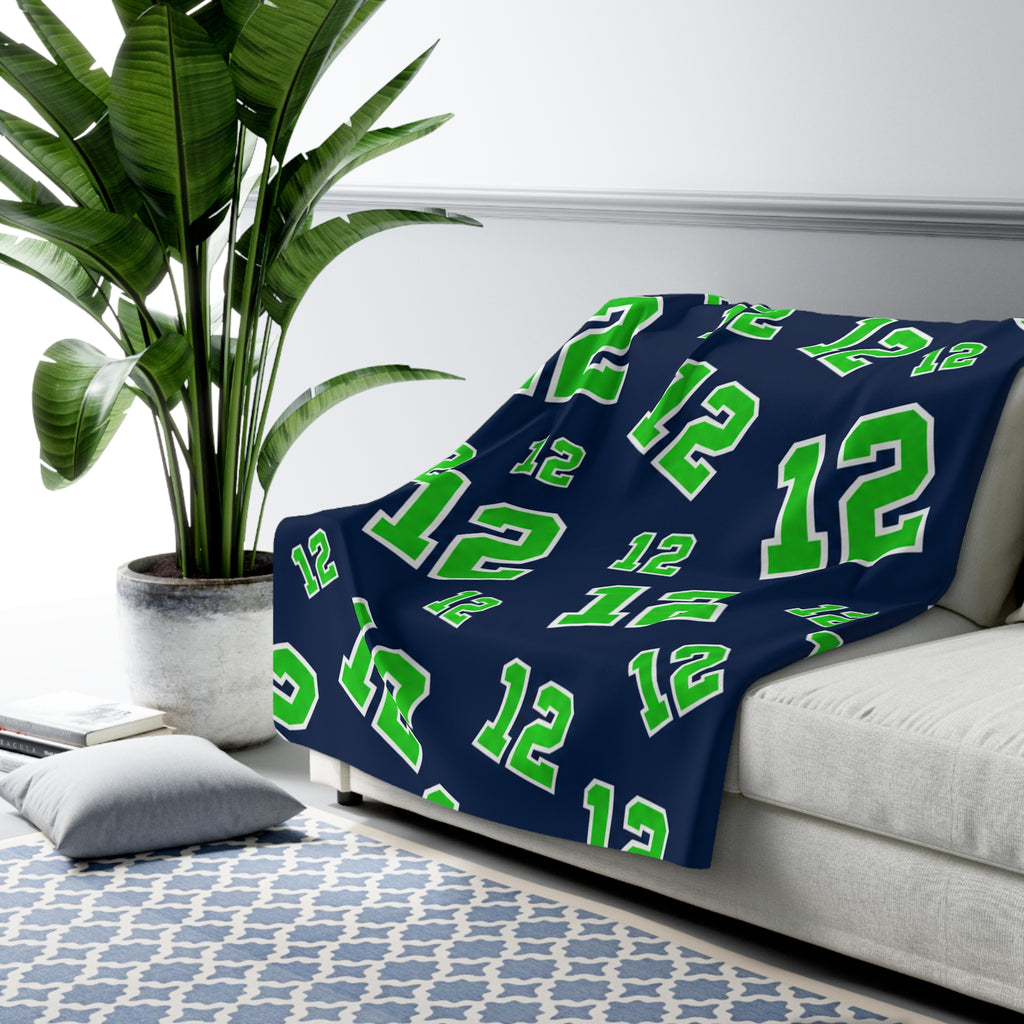 PNW 12 Fan Sherpa Fleece Blanket | Navy & Green Football Blanket | Game Day Gift | Cozy Sports Fan Throw