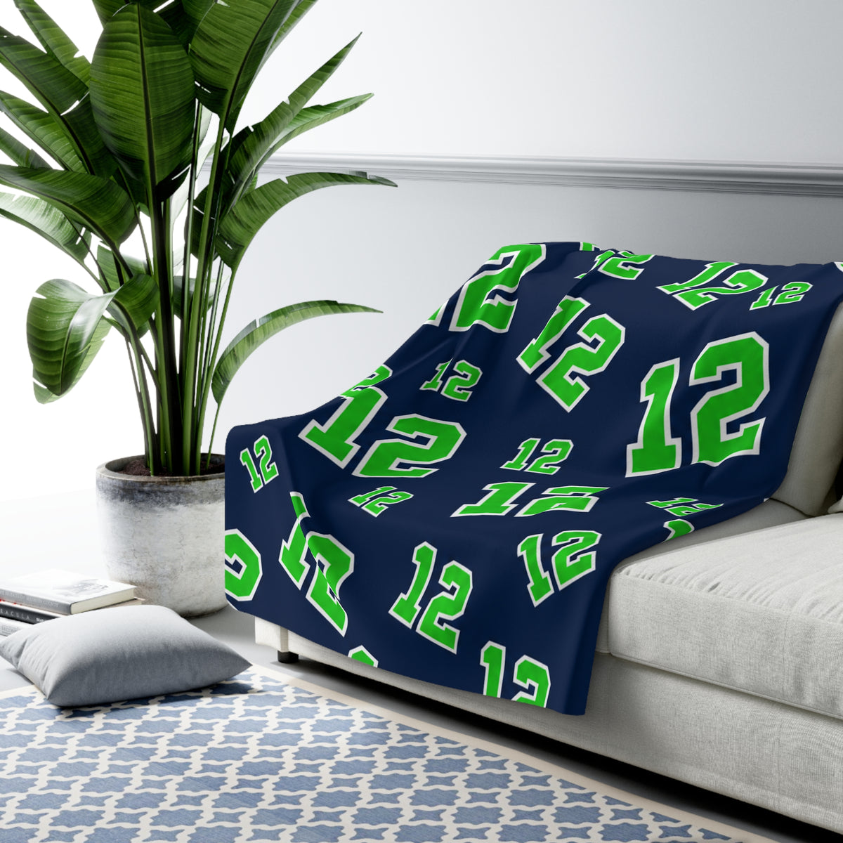 PNW 12 Fan Sherpa Fleece Blanket | Navy & Green Football Blanket | Game Day Gift | Cozy Sports Fan Throw