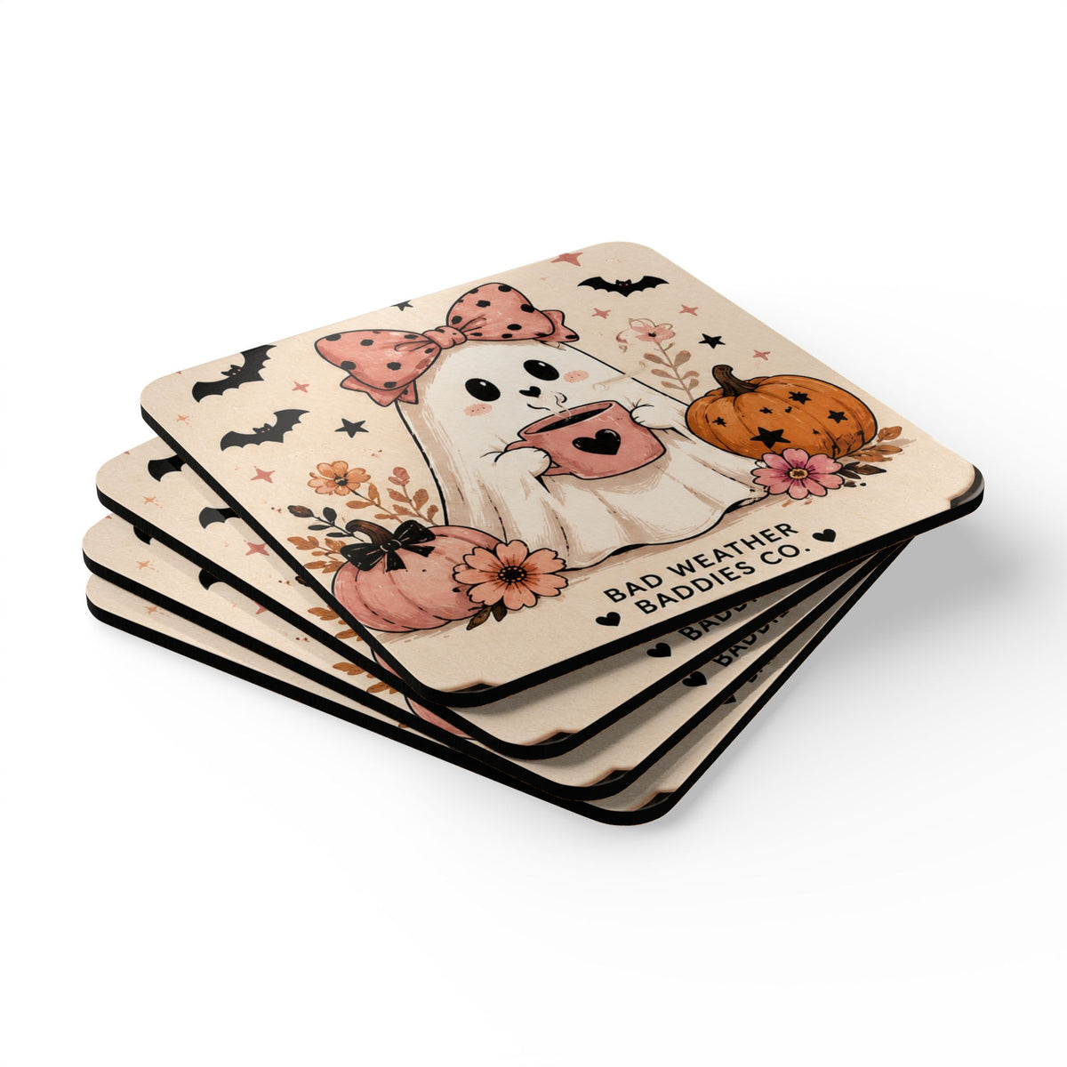 Cute Ghost Coaster Set | Halloween Drink Coasters, Set of 4, Pink Pumpkin Spooky Cute Decor