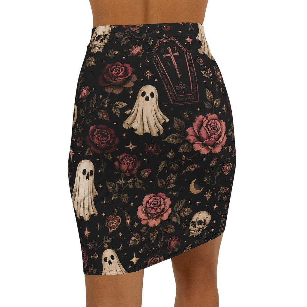 Gothic Coffin & Floral Mid-Waist Pencil Skirt | Black