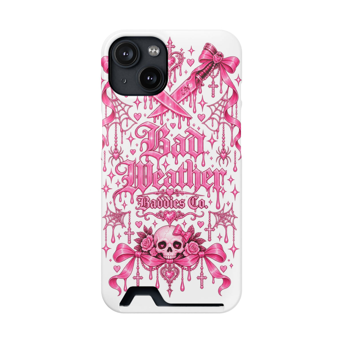 Pink Gothic Coquette Phone Case With Built In Card Holder For Cards