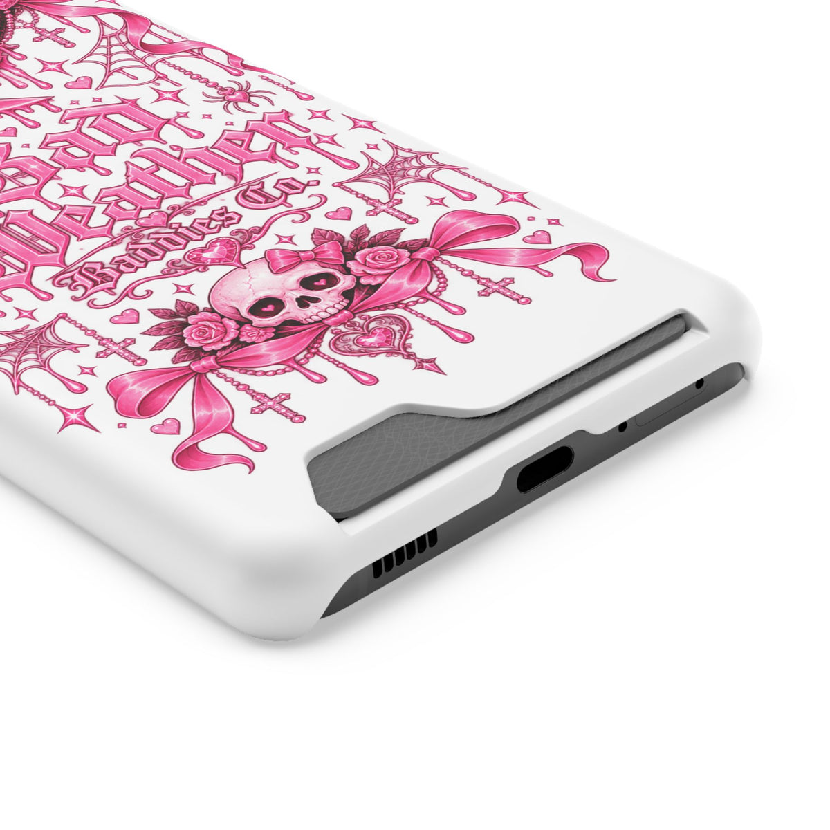 Pink Gothic Coquette Phone Case With Built In Card Holder For Cards
