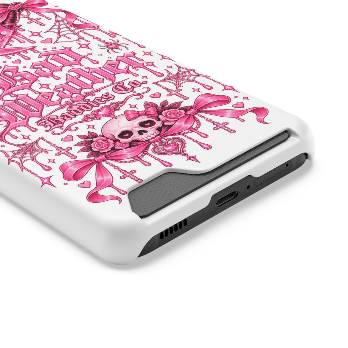 Pink Gothic Coquette Phone Case With Built In Card Holder For Cards