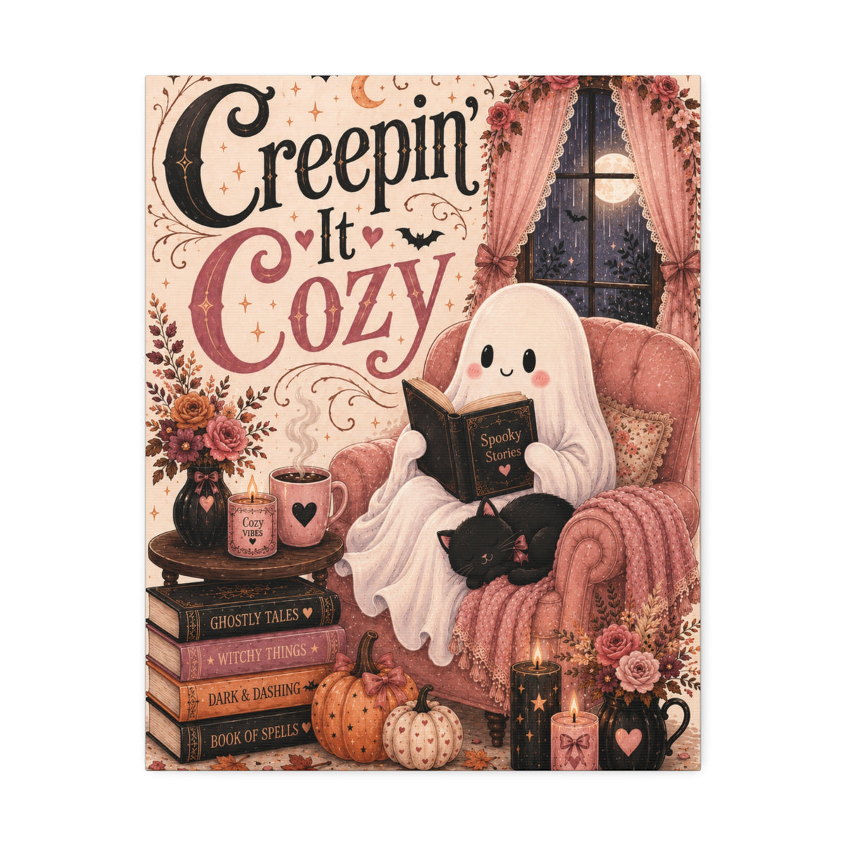 Creepin’ It Cozy Halloween Canvas | Cute Ghost Reading Nook Wall Art Canvas Stretched, 1.5''