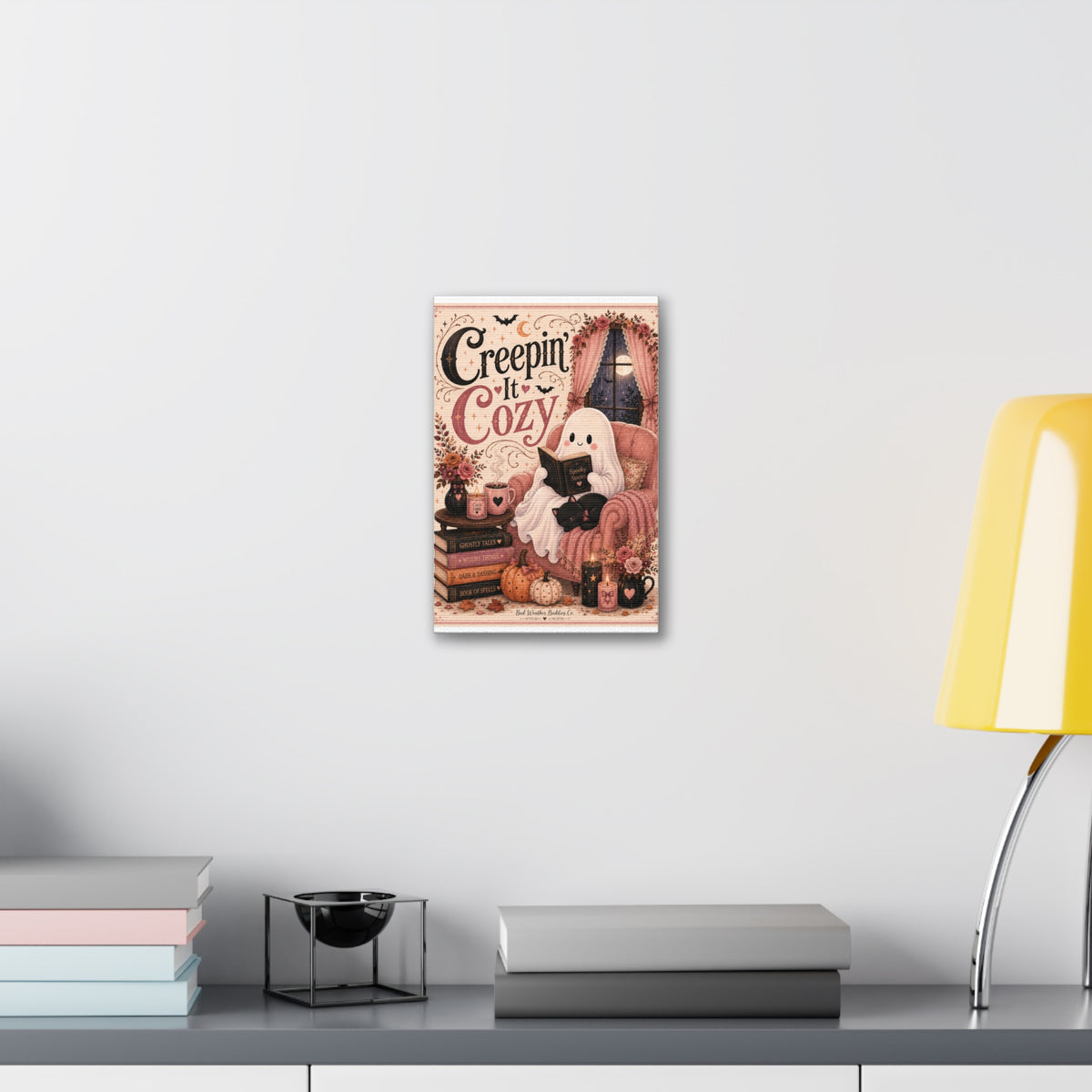 Creepin’ It Cozy Halloween Canvas | Cute Ghost Reading Nook Wall Art Canvas Stretched, 1.5''