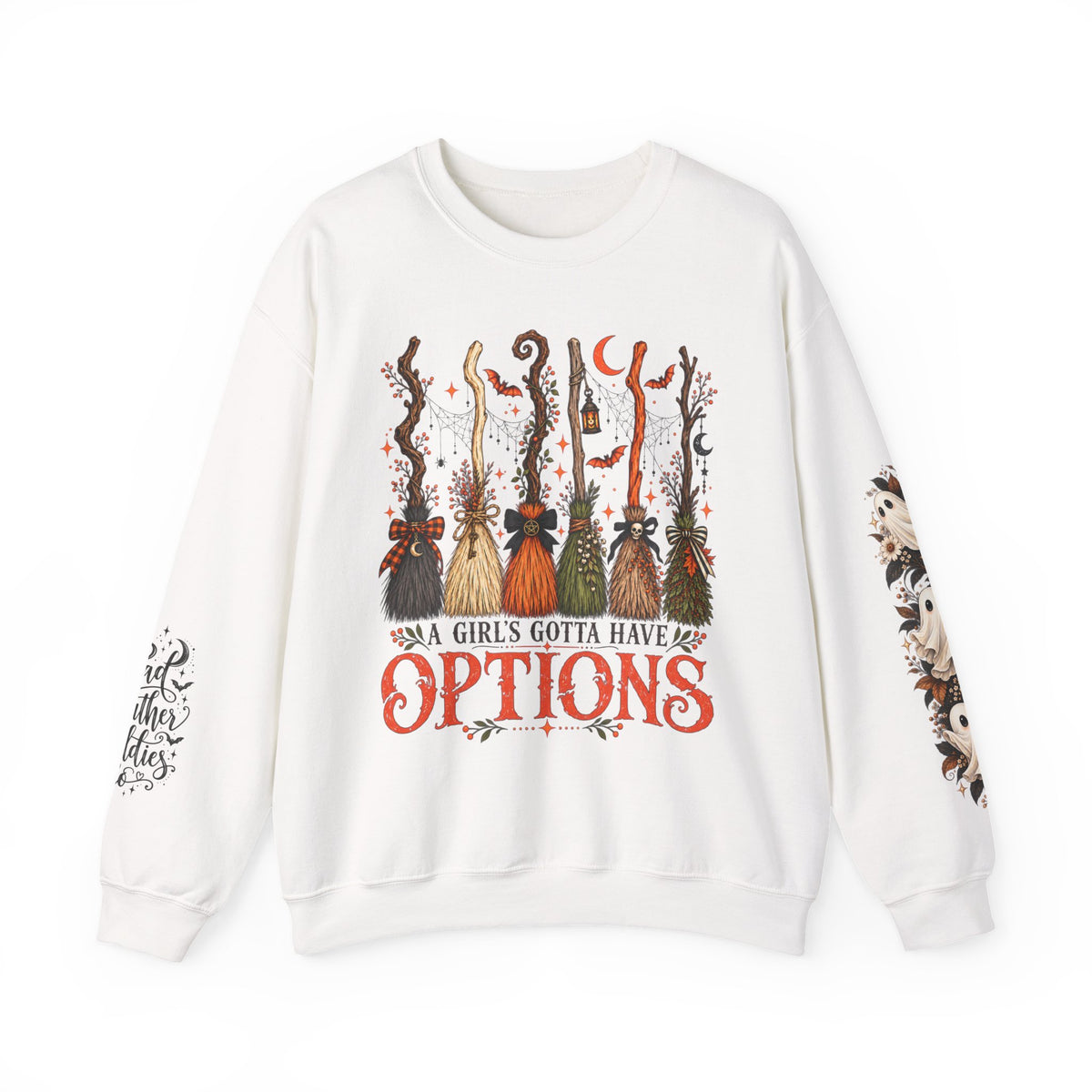 A Girl Gotta Have Options Witchy Halloween Broom Print Crewneck Sweatshirt