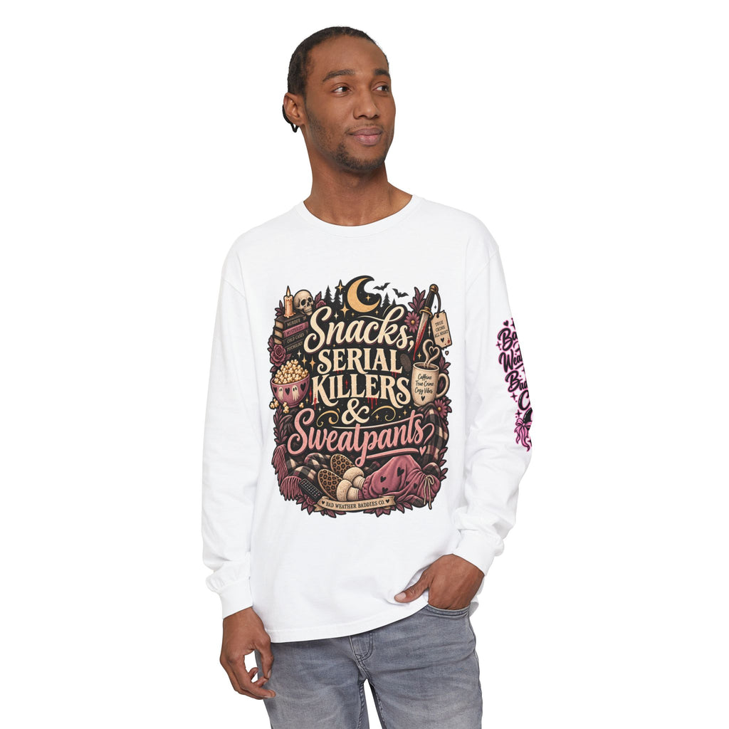 Snacks, Serial Killers & Sweatpants Long Sleeve Shirt | True Crime Lover Comfort Colors Tee | Cozy Crime Graphic Shirt