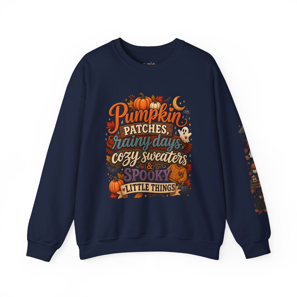 Pumpkin Patches Rainy Days Cozy Sweaters Shirt | Spooky Little Things Fall Tee | Autumn Sleeve Design Sweatshirt | Cute Ghost Fall Shirt