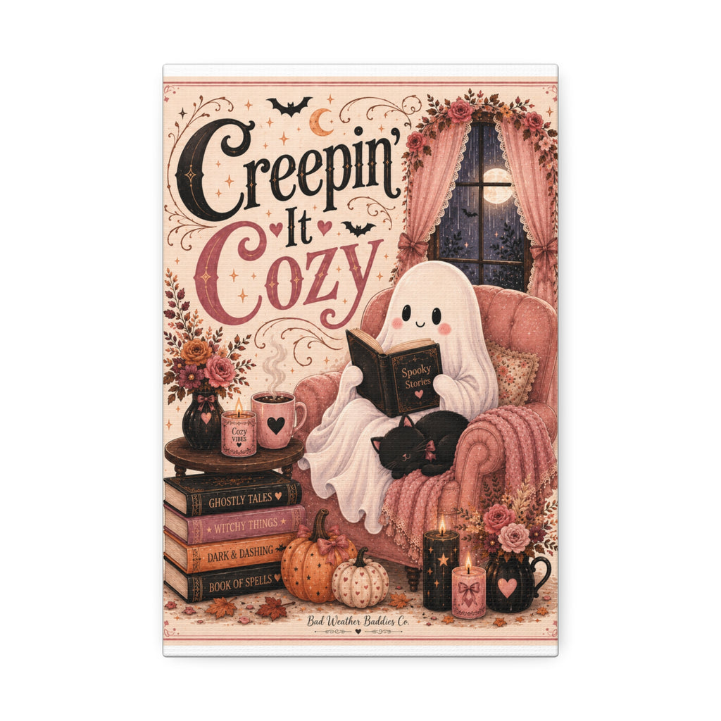 Creepin’ It Cozy Halloween Canvas | Cute Ghost Reading Nook Wall Art Canvas Stretched, 1.5''