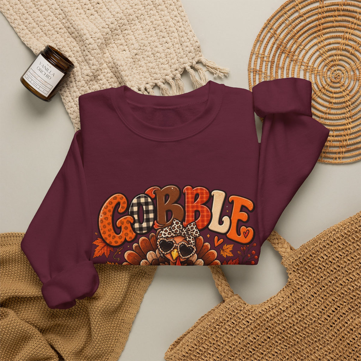 Gobble Till You Wobble Thanksgiving Turkey Crewneck Sweatshirt With Fall Leaves