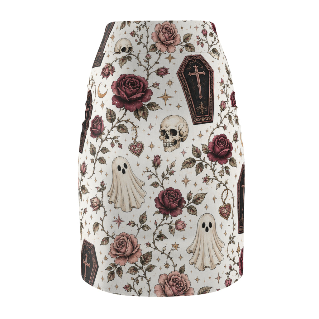 Gothic Coffin & Floral Pencil Skirt | White