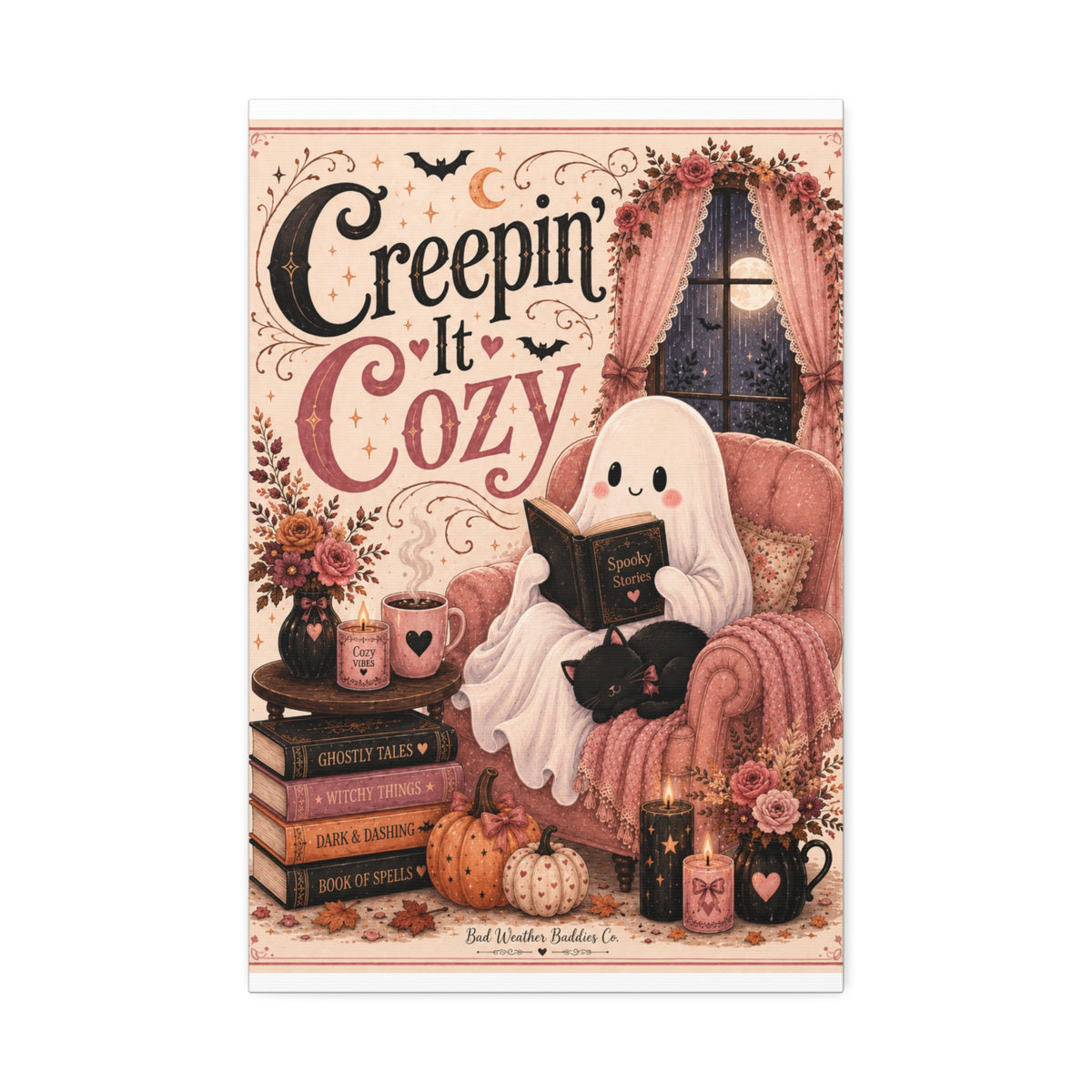 Creepin’ It Cozy Halloween Canvas | Cute Ghost Reading Nook Wall Art Canvas Stretched, 1.5''