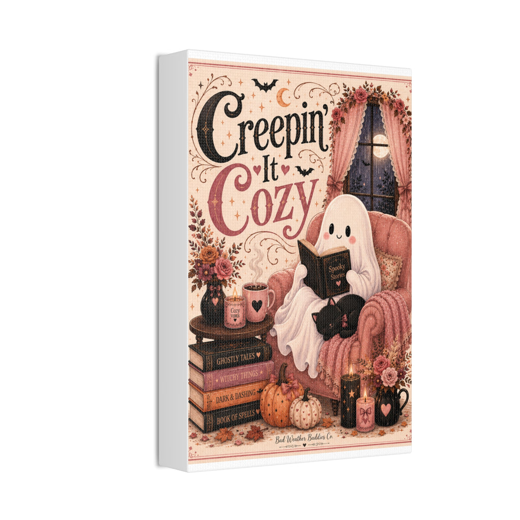 Creepin’ It Cozy Halloween Canvas | Cute Ghost Reading Nook Wall Art Canvas Stretched, 1.5''