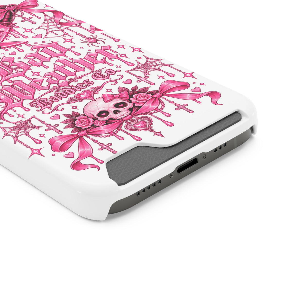Pink Gothic Coquette Phone Case With Built In Card Holder For Cards